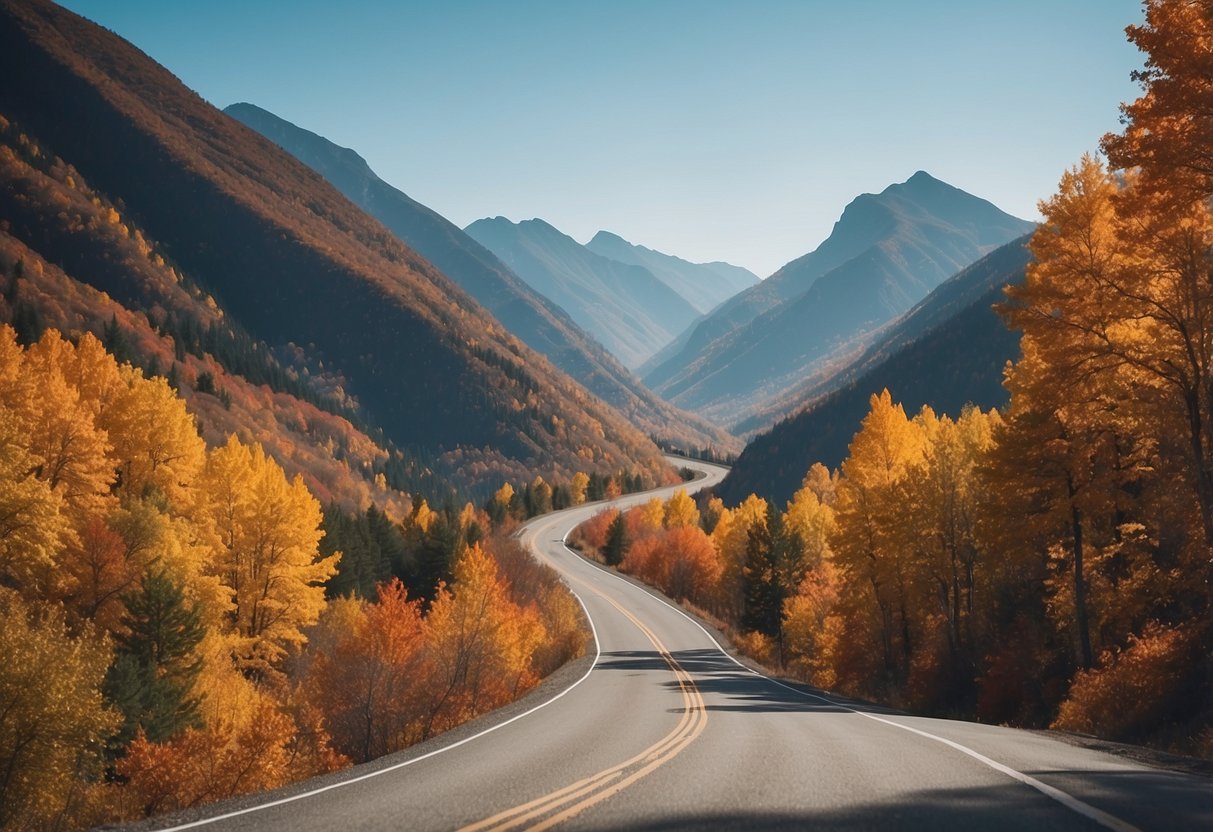 A winding road cuts through colorful autumn foliage, with mountains in the background and a clear blue sky above