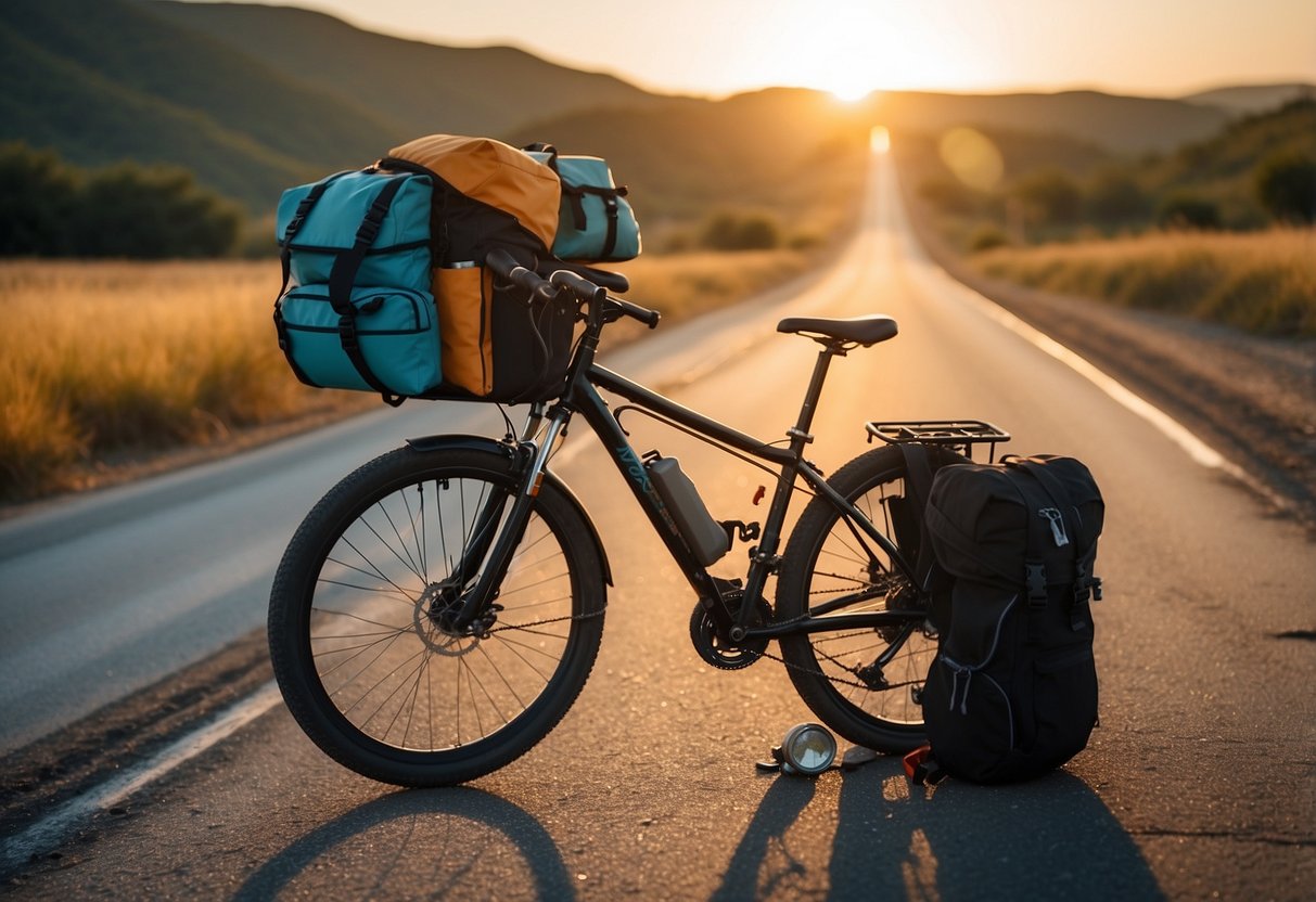 A bicycle with panniers packed with supplies, a map and compass, water bottles, and a repair kit. The sun is setting, casting a warm glow over the open road ahead