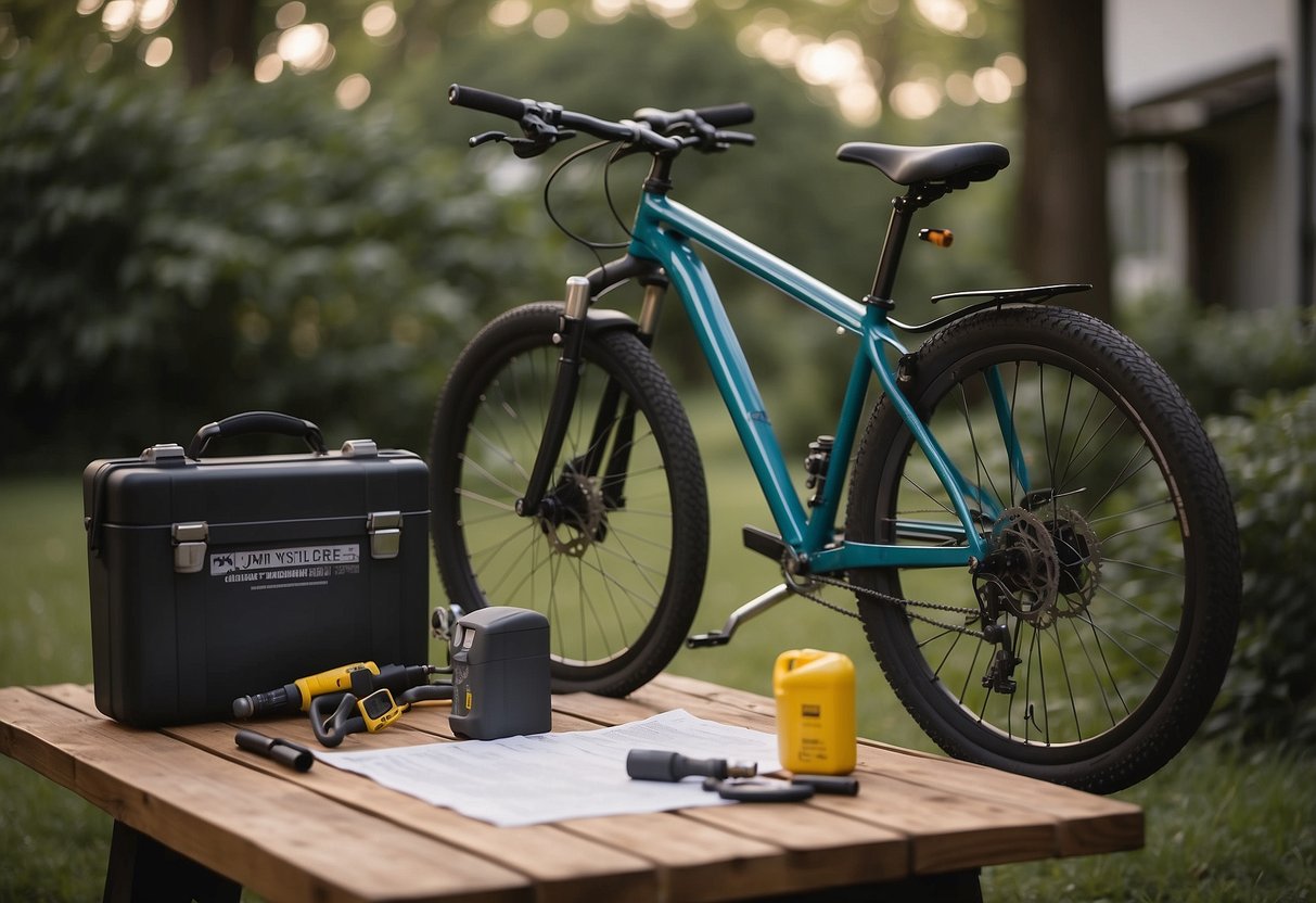 A bicycle parked next to a toolbox and a pump. A checklist of bike maintenance tasks and a map of a long-distance route on a table