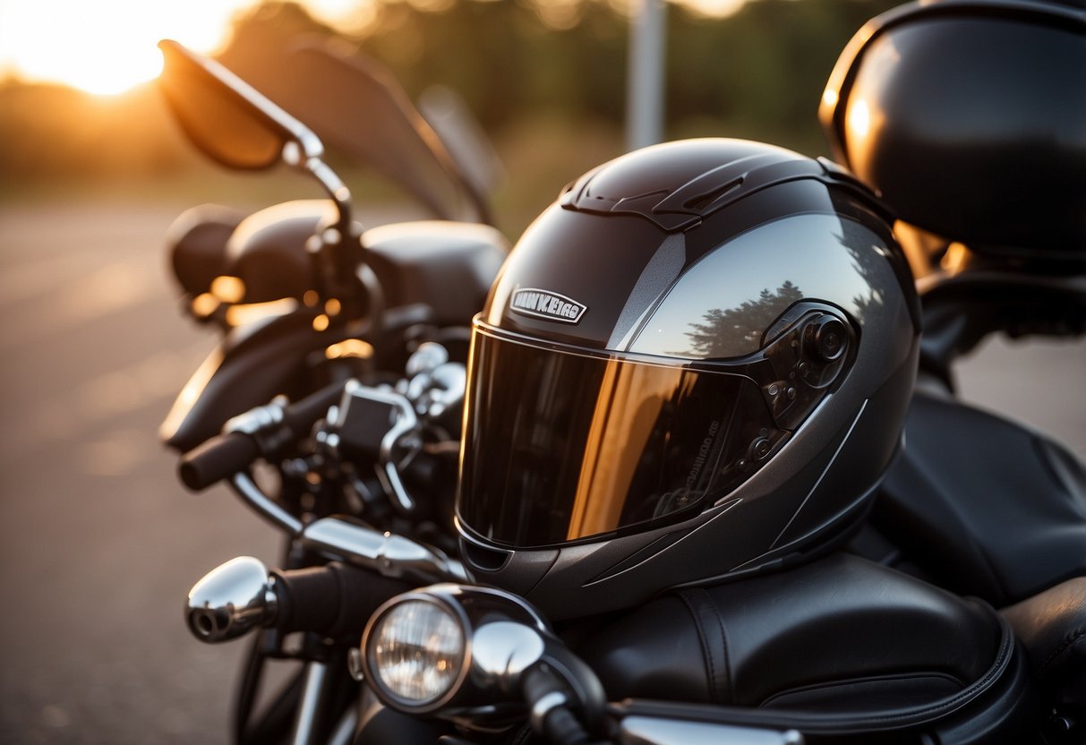 A motorcycle parked next to a tool kit, map, and water bottle. A helmet and gloves sit on the seat. The sun is setting in the background