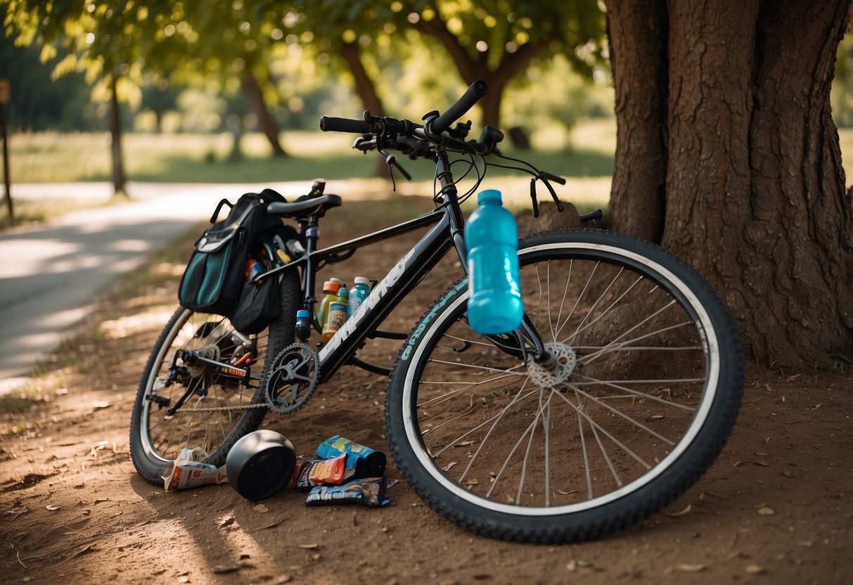 A cyclist resting under a shady tree, surrounded by water bottles and snacks. Map and compass nearby. Bike leaned against the tree. Sun shining overhead