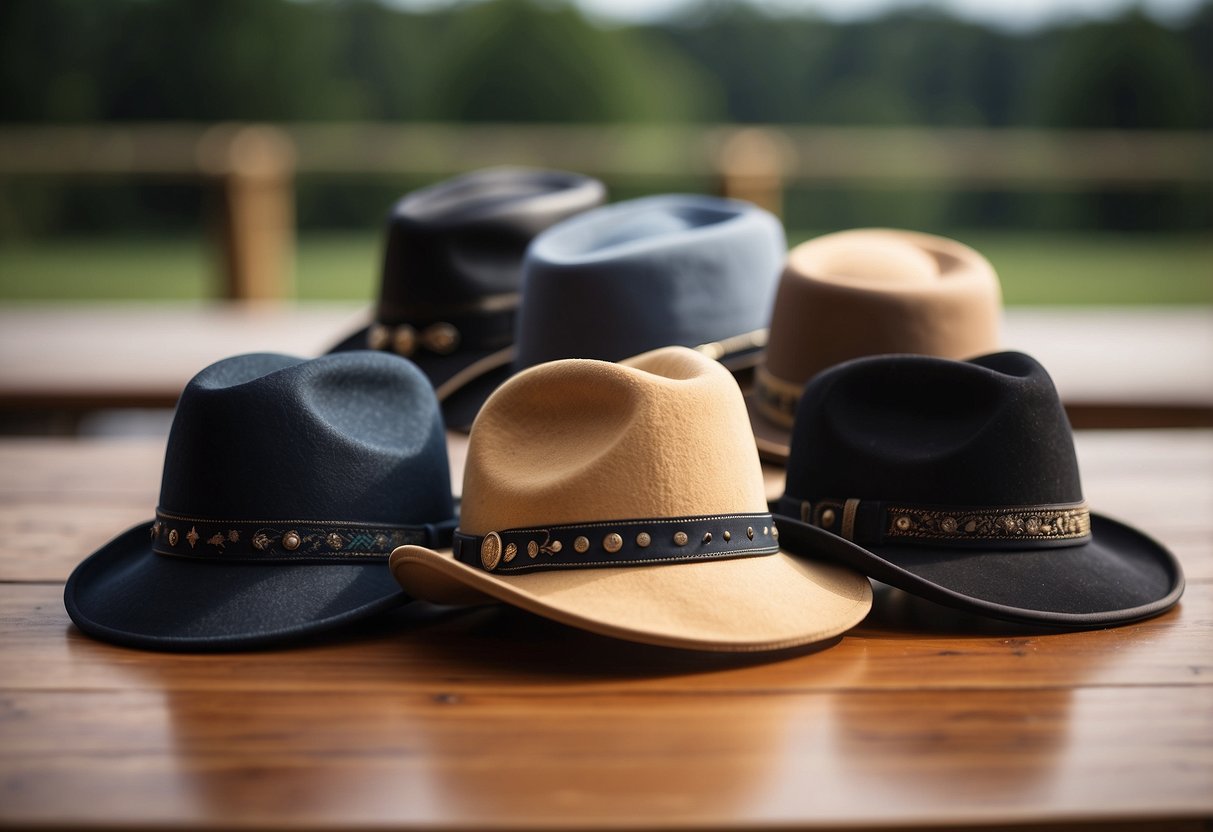 Five riding hats arranged neatly on a table, each displaying a different lightweight design