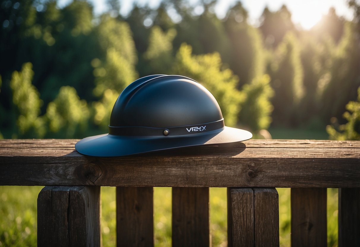 A sleek Uvex Suxxeed Active 5 riding hat sits atop a wooden fence post, surrounded by lush greenery and a clear blue sky