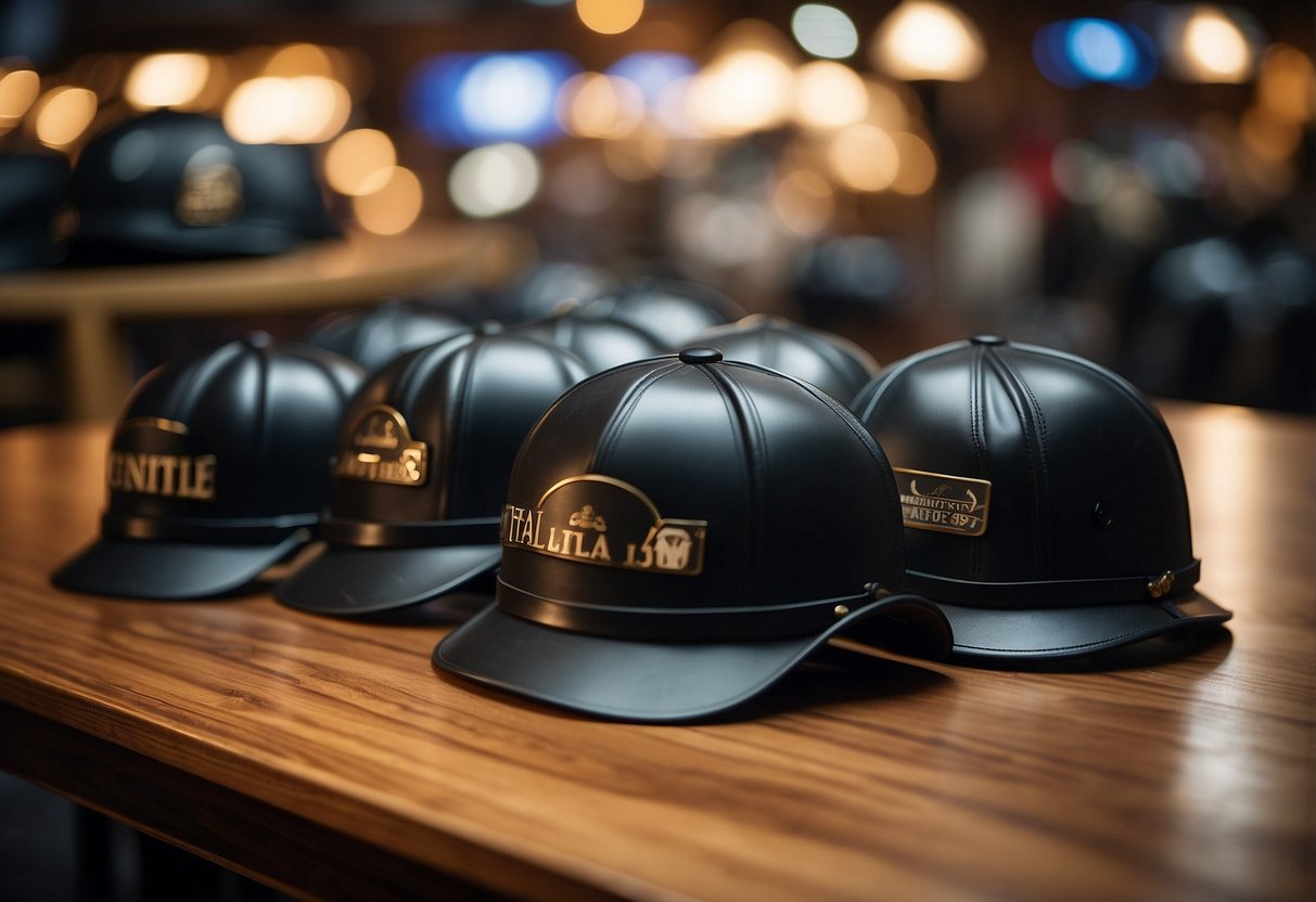 Several lightweight riding hats displayed on a table with the top 5 listed on a sign