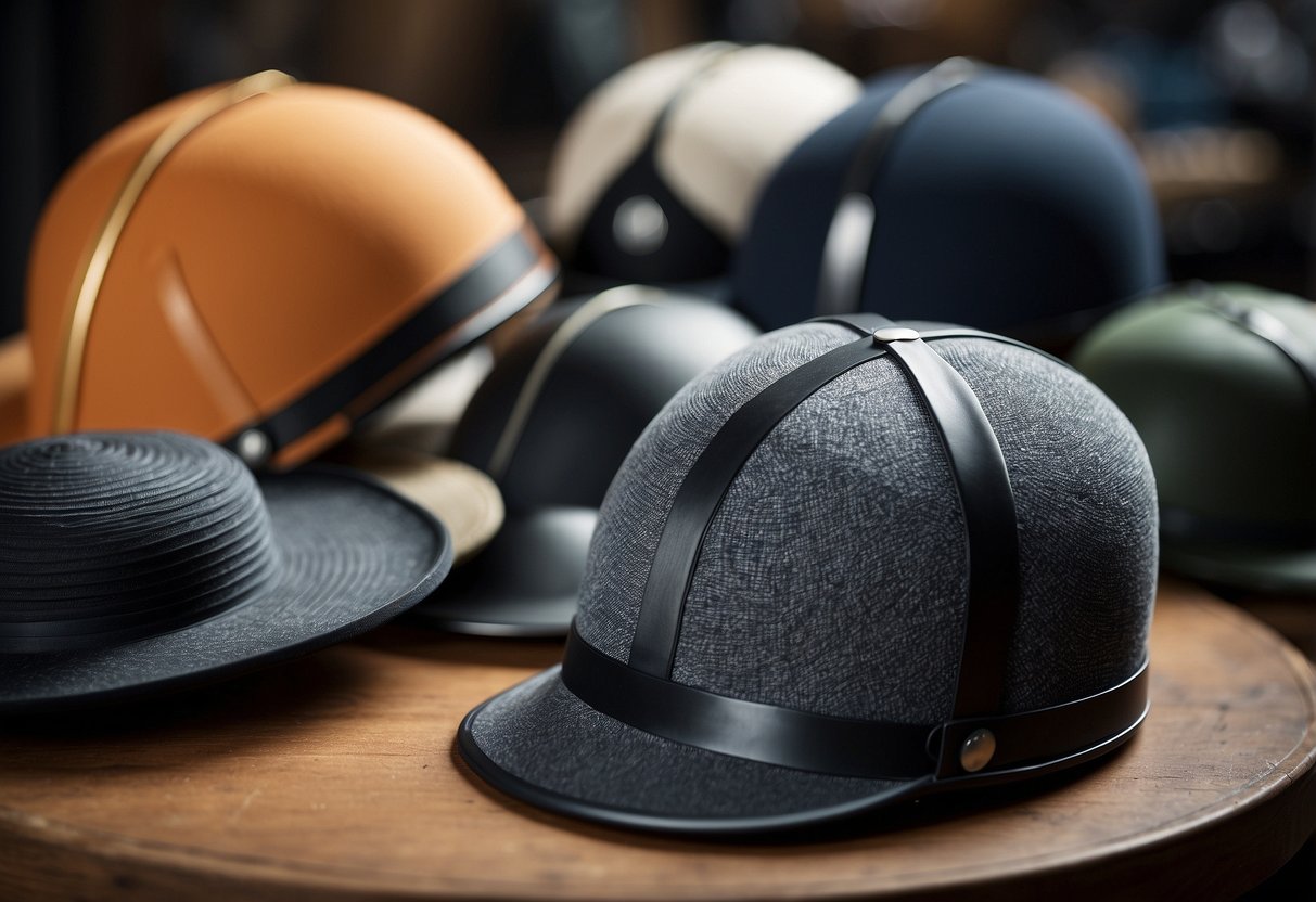 The scene shows a table with various materials used in lightweight riding hats, such as foam, plastic, and fabric. Five different styles of lightweight riding hats are displayed next to the materials