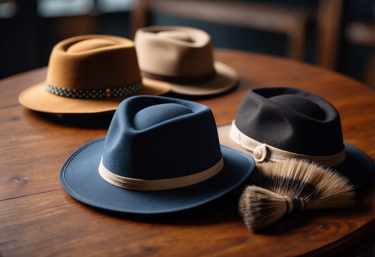 A table with 5 lightweight riding hats, a brush, and a cloth. The hats are neatly arranged, with the brush and cloth nearby for cleaning and maintenance