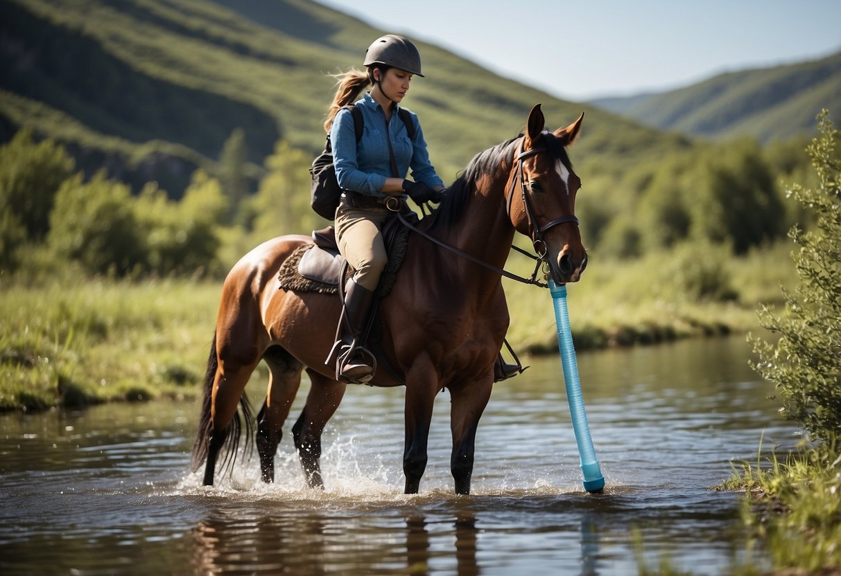 A horseback rider uses a portable water filter to purify water from a natural source while riding through a scenic landscape