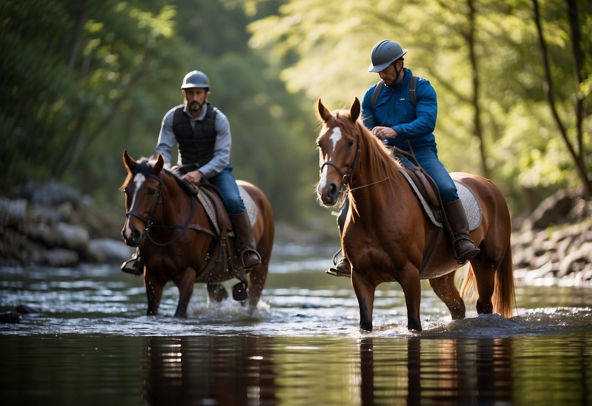 A horseback rider attaches a portable water filter to their saddle, while a stream flows nearby. They demonstrate various methods to purify water, including using UV light and a filtration system