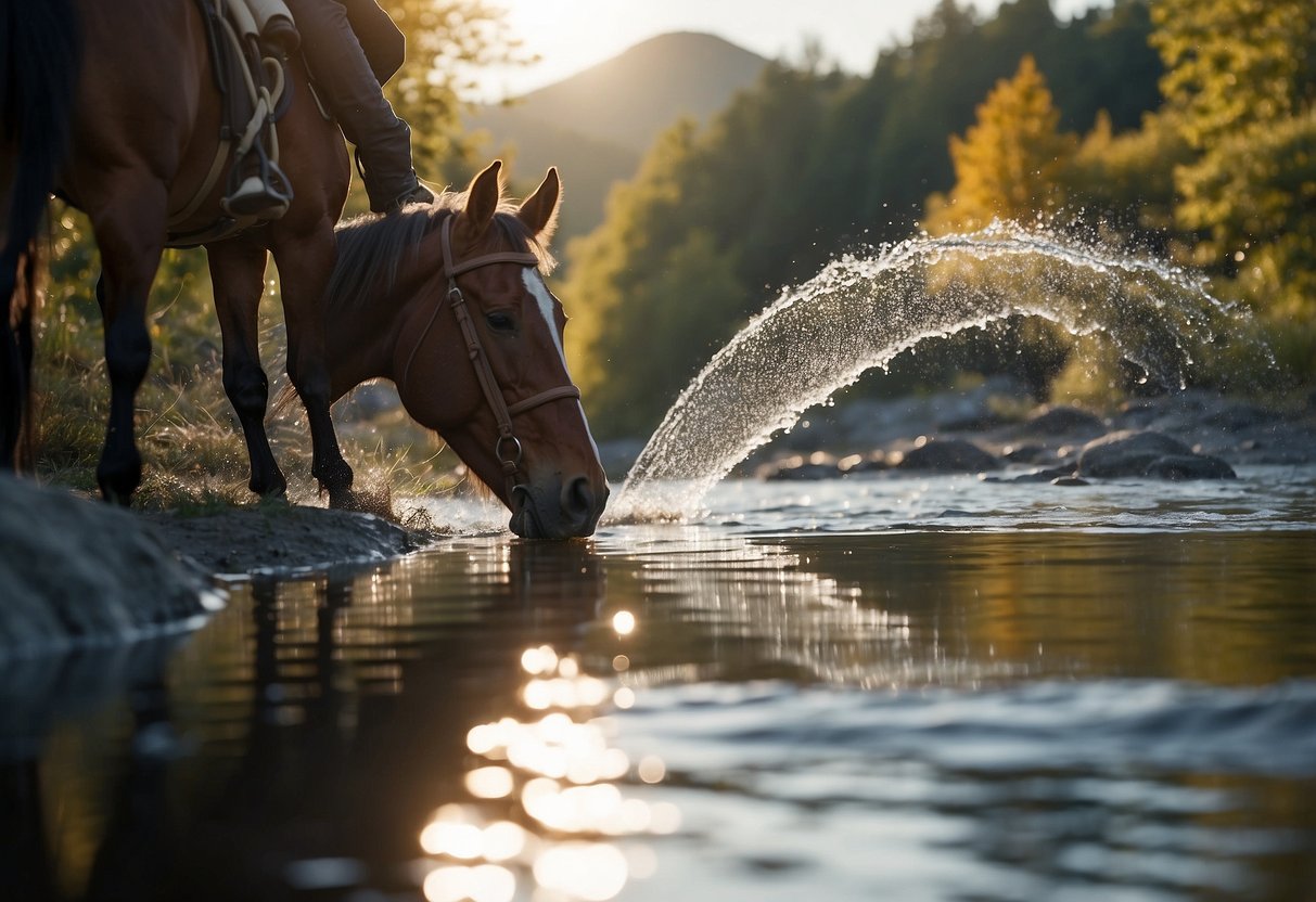 A horseback rider drops a water purification tablet into a clear stream, watching as it dissolves and purifies the water