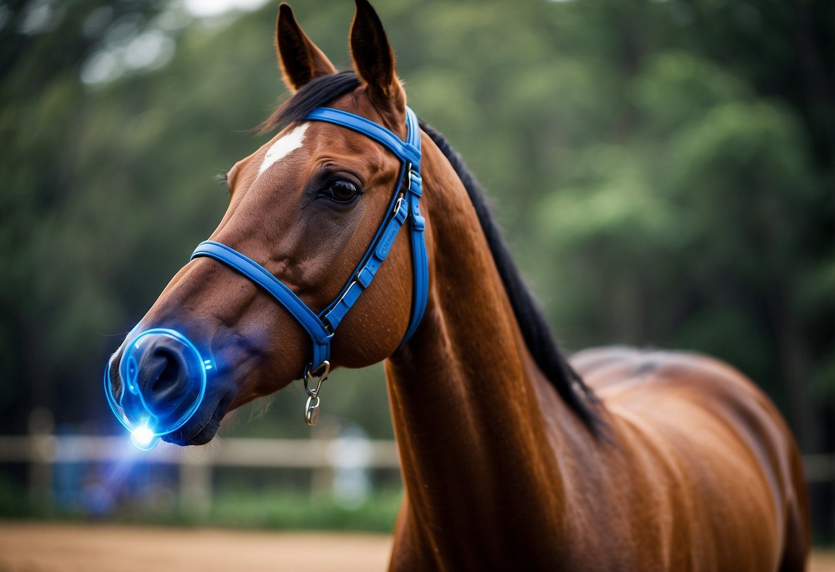 A UV sterilization pen is used to purify water while horseback riding. The pen emits UV light to kill bacteria and viruses in the water