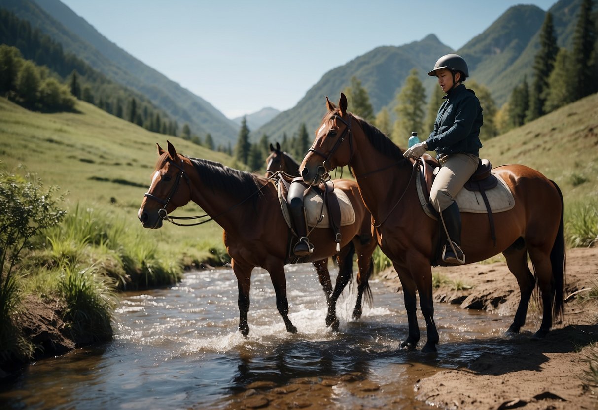 A horseback rider uses survival straws to purify water from a stream. The rider dismounts and carefully fills a canteen with clear, clean water