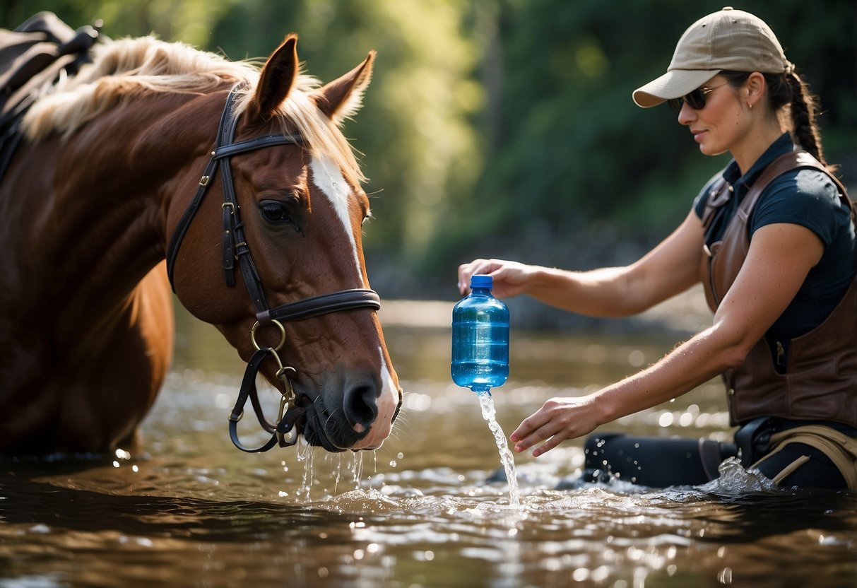 A horseback rider uses a solar water purifier to filter water from a stream. The purifier sits on the horse's saddle, absorbing sunlight to purify the water