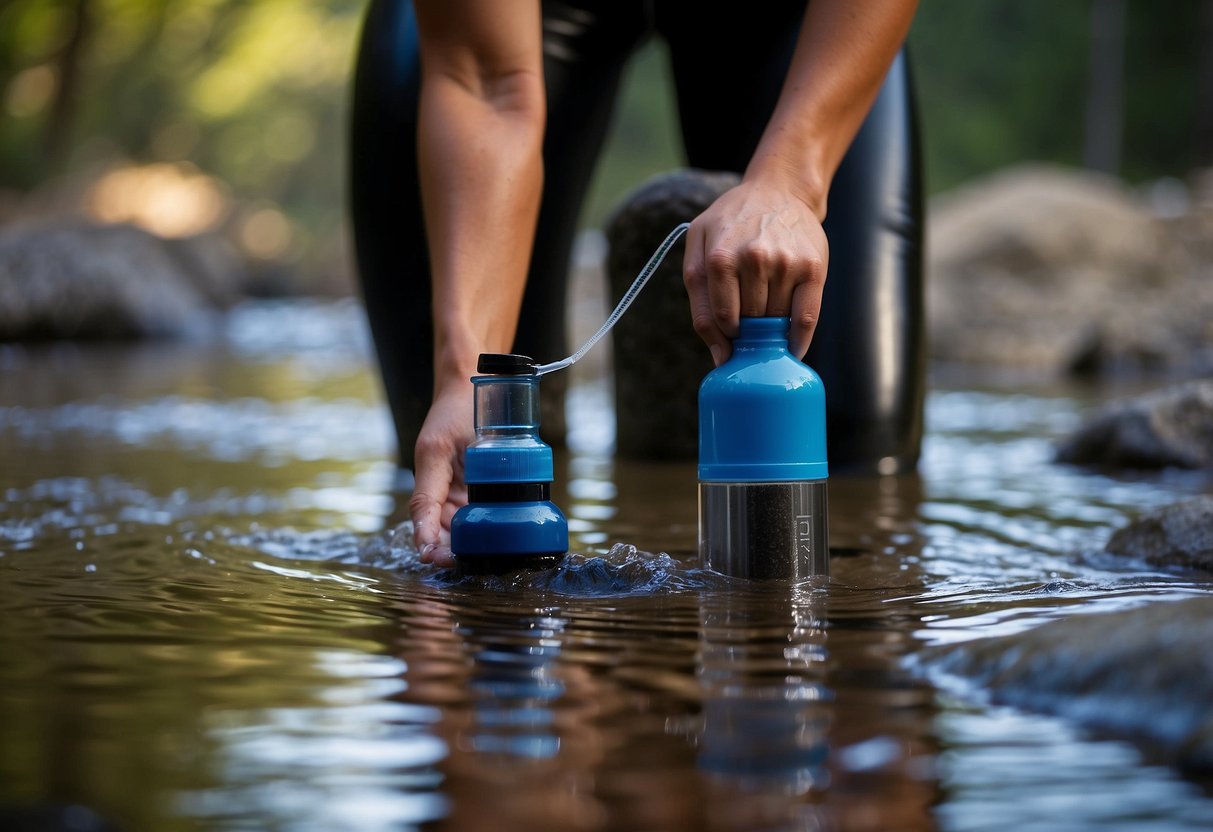 A horseback rider attaches activated carbon filters to their water bottle, purifying water from a stream. The rider demonstrates 10 ways to ensure safe drinking water while on the trail