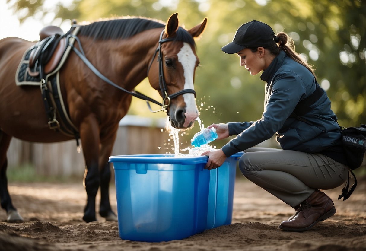 A horseback rider pours water from a gravity-fed bag into a container. Nearby, a water filter, tablets, and UV purifier sit ready for use