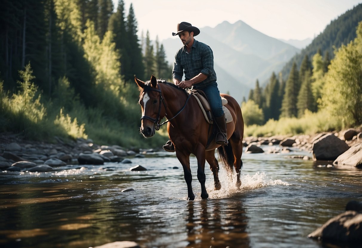 A horseback rider uses a ceramic water filter to purify water from a stream, surrounded by trees and mountains