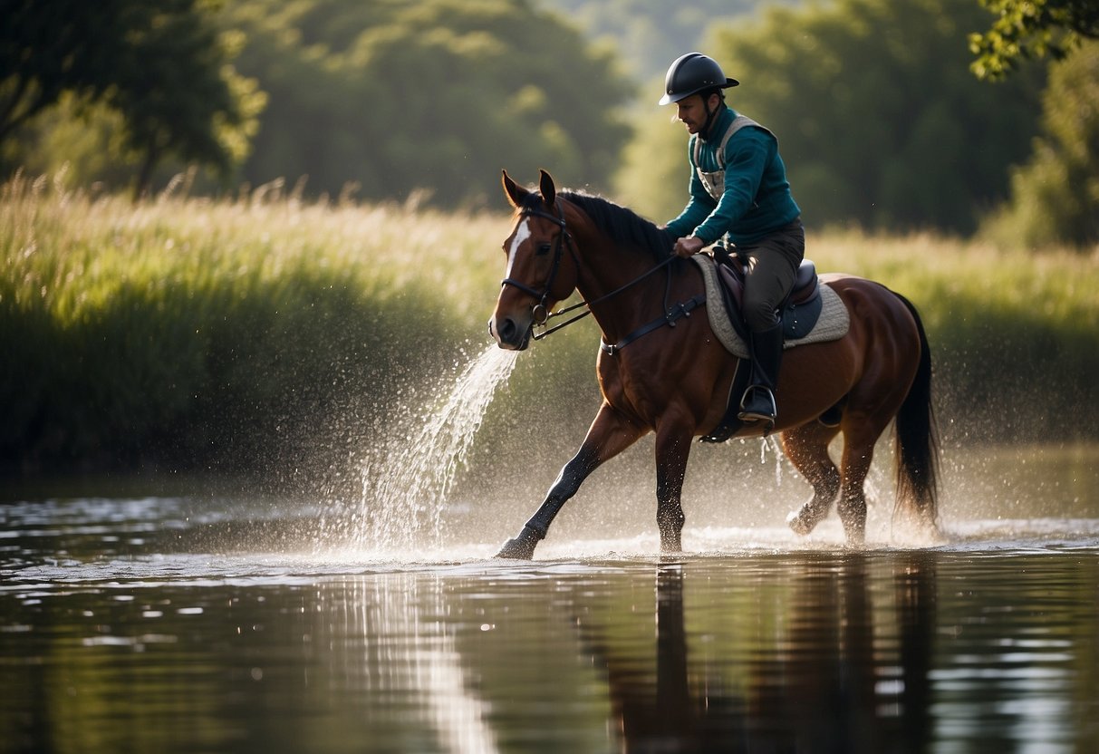 A horseback rider pours disinfecting drops into a water source, illustrating 10 methods to purify water while riding