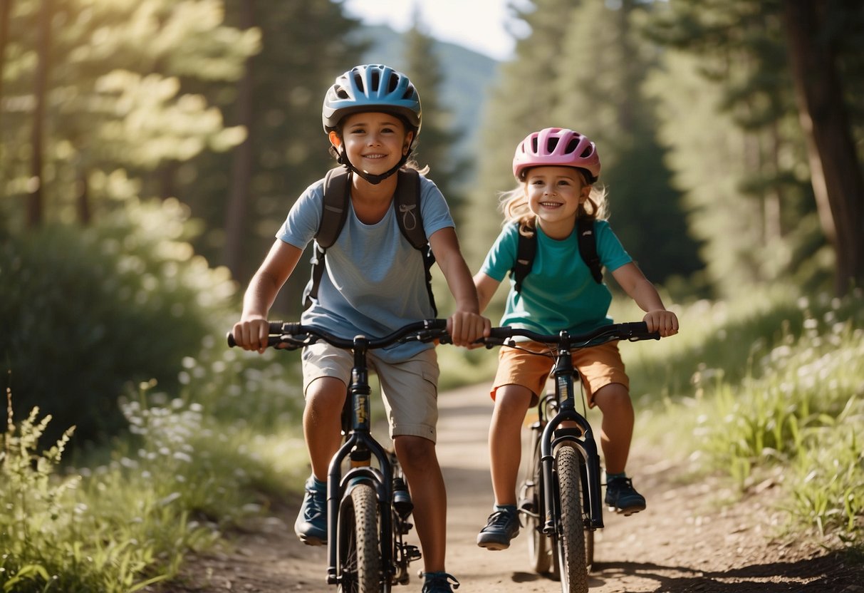 A parent and two children ride bikes on a sunny trail, wearing helmets and smiling. The parent leads the way, while the kids follow closely behind, enjoying the outdoor adventure