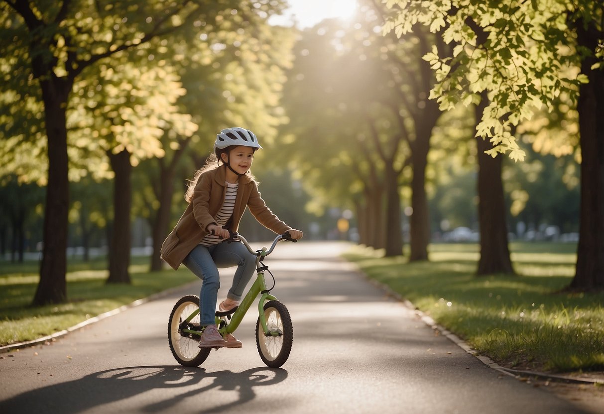 A parent and child ride bikes in a park, following safety tips. The child wears a helmet and the parent leads the way, demonstrating safe riding habits