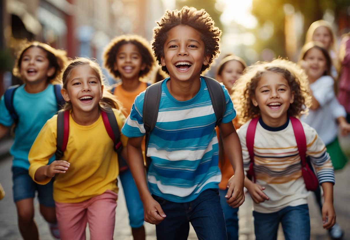 Children playing games and singing songs in a colorful, lively setting. A group of kids riding together, smiling and having fun