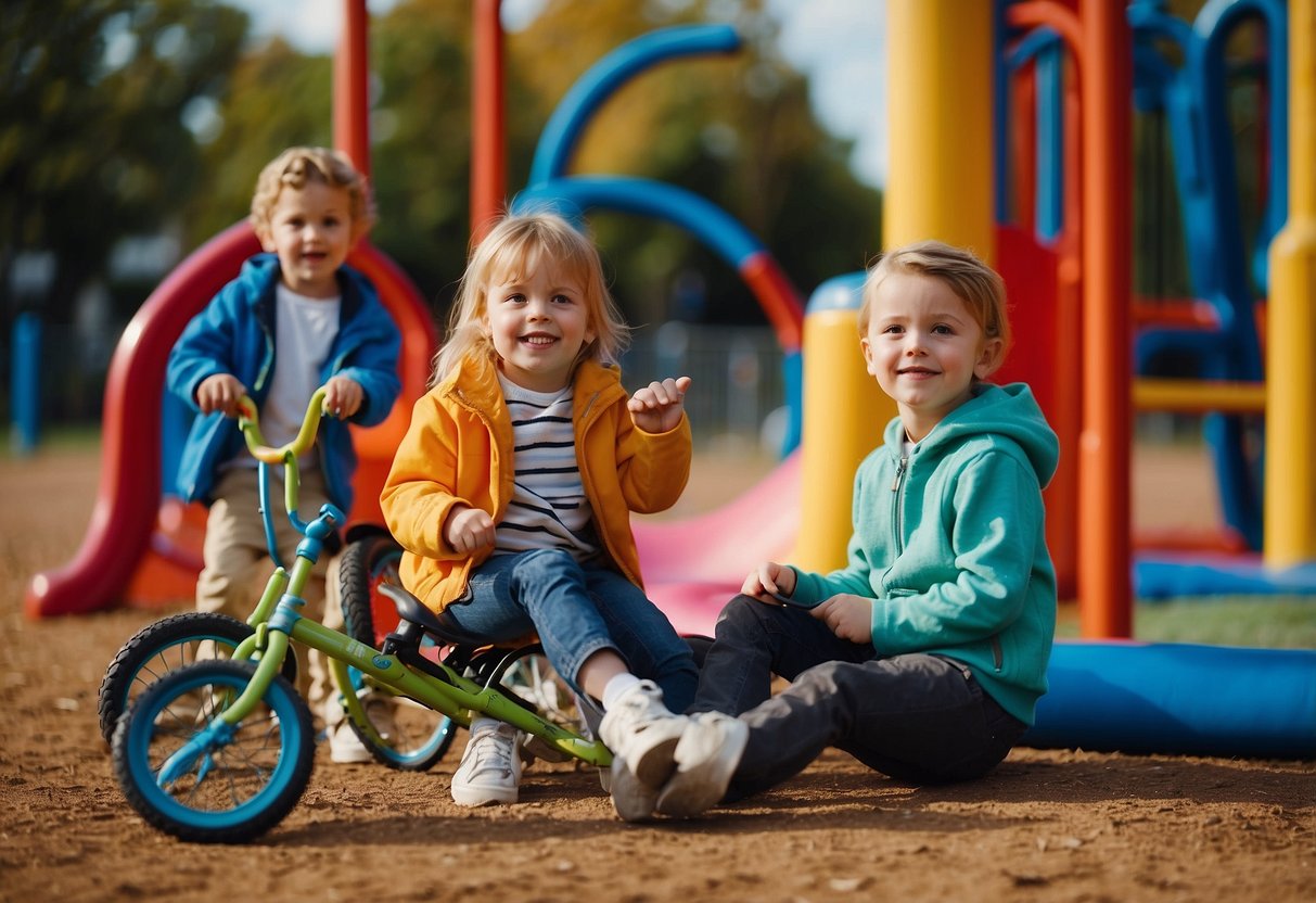 Children playing in a colorful playground, taking breaks from riding bikes. Bikes parked nearby, with parents supervising