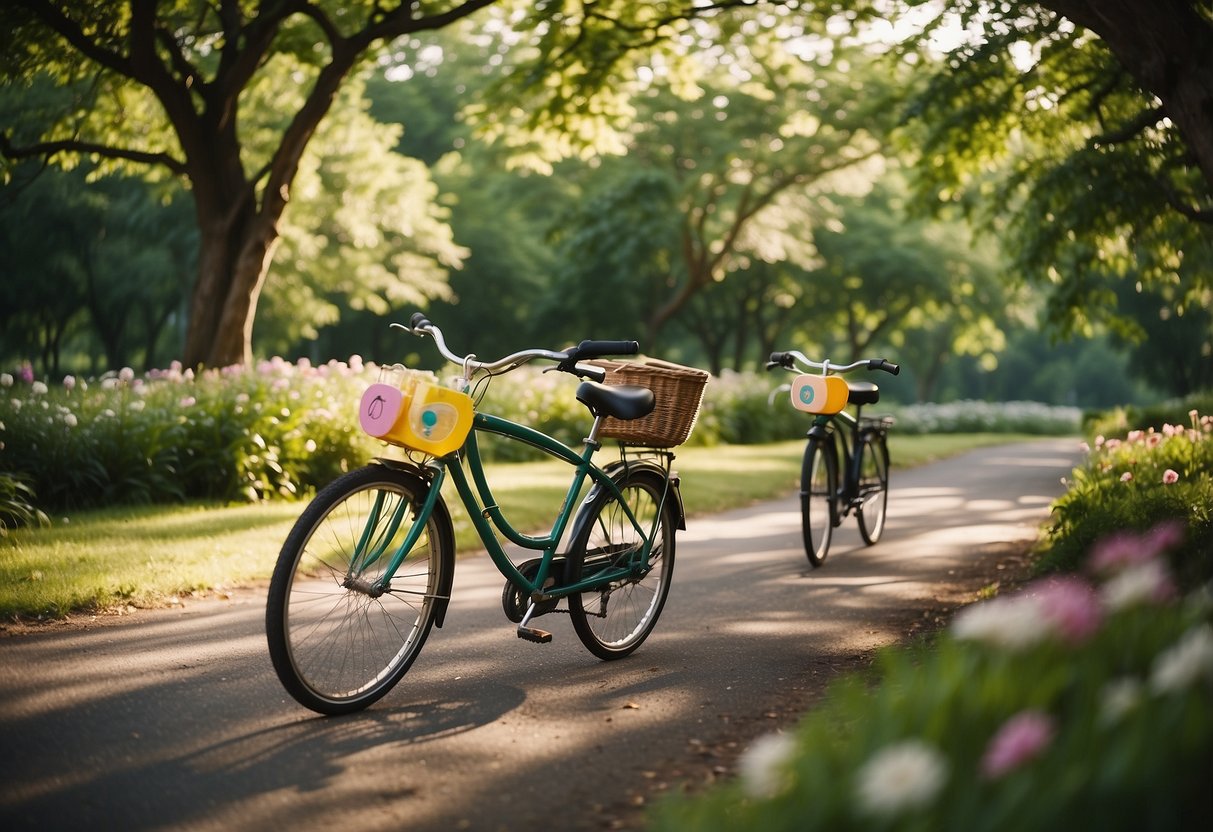 A family of four bikes through a lush green park, following a winding path with colorful signage. Trees and flowers line the route, with a gentle breeze blowing through the air