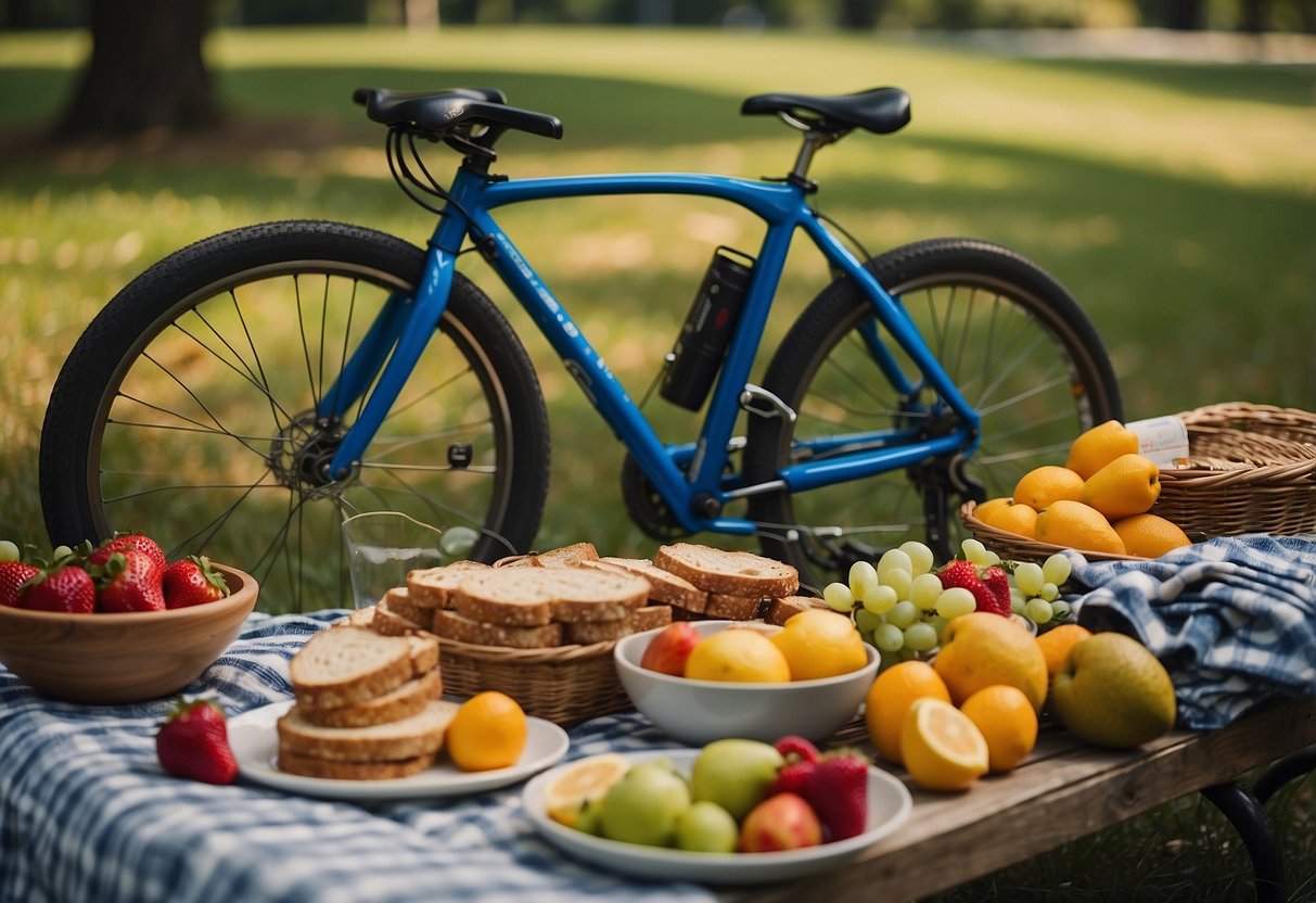 A bike parked next to a picnic blanket with a variety of lightweight food options spread out, including fruits, sandwiches, nuts, and energy bars