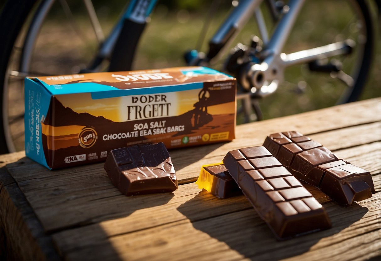 A chocolate sea salt protein bar sits next to a bike gear, helmet, and water bottle. The sun shines on the snack, highlighting its packaging