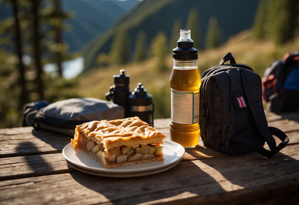 A LÄRABAR® Apple Pie bar sits atop a backpack next to a water bottle and map, ready for a riding trip