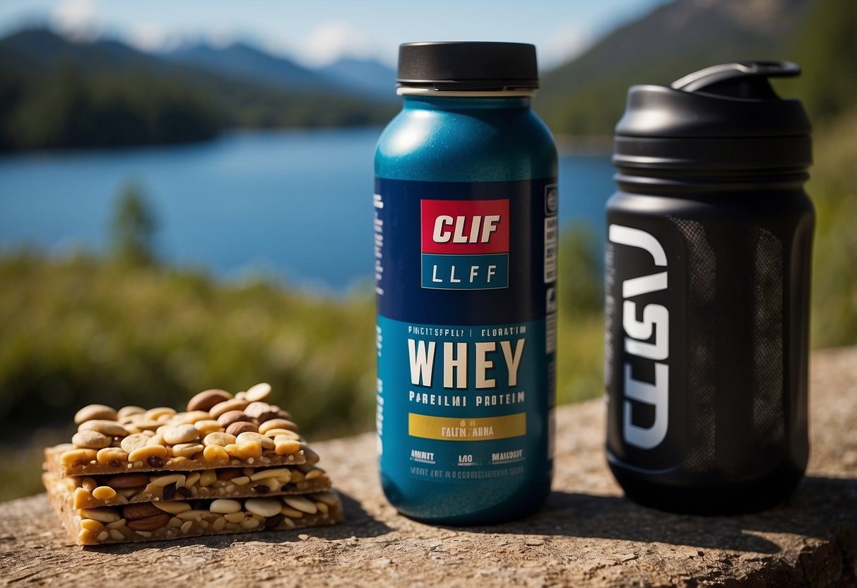 A CLIF® Whey Protein Bar sits next to a water bottle and trail mix on a bike's handlebars, ready for a riding trip