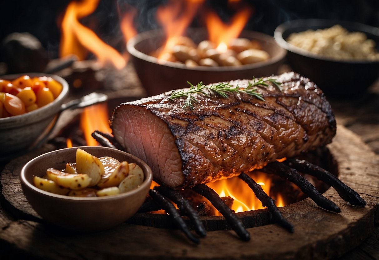 A rustic campfire with a sizzling venison bar placed on a wooden table, surrounded by lightweight food options for riding trips