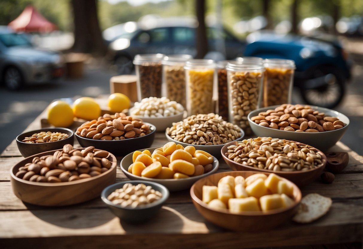 A table displaying various lightweight food options, including nuts, dried fruits, energy bars, and dehydrated meals. A bicycle and camping gear are visible in the background