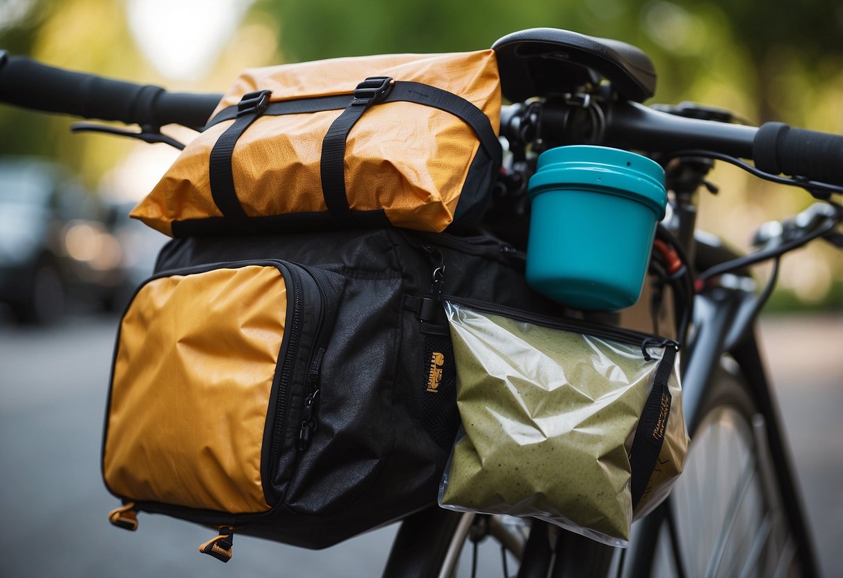 A bicycle loaded with lightweight food options, neatly organized in storage bags for riding trips