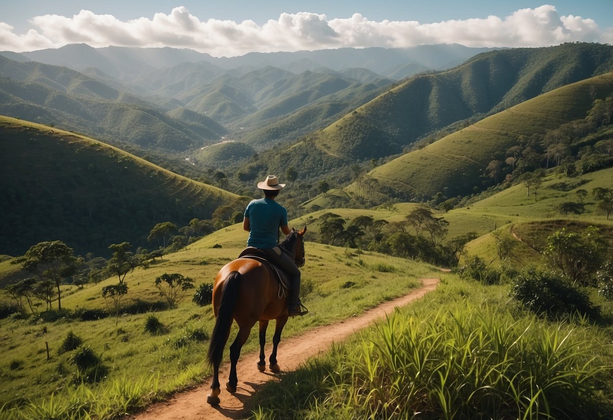 Rolling hills, lush greenery, and winding trails in Jalapão State Park, Brazil. A horseback rider navigates through the picturesque landscape