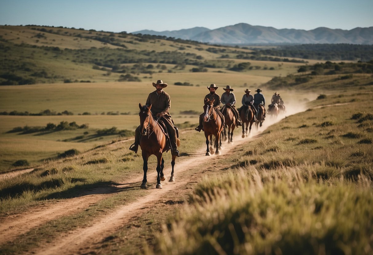 A winding trail through the vast, open plains of Uruguay, with gauchos riding on horseback against a backdrop of rolling hills and clear blue skies