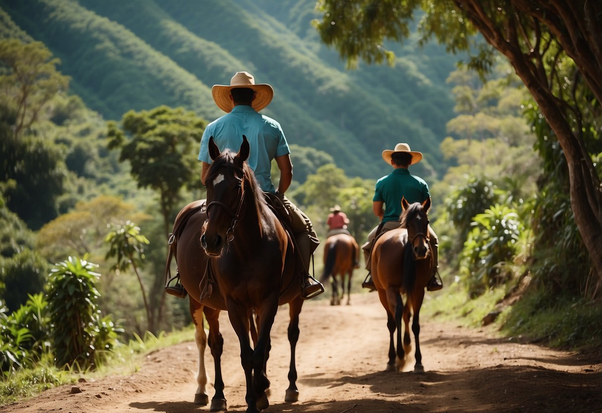 Vibrant South American landscapes with winding trails and lush forests. Horses trot through diverse terrain, passing by traditional villages and stunning natural landmarks