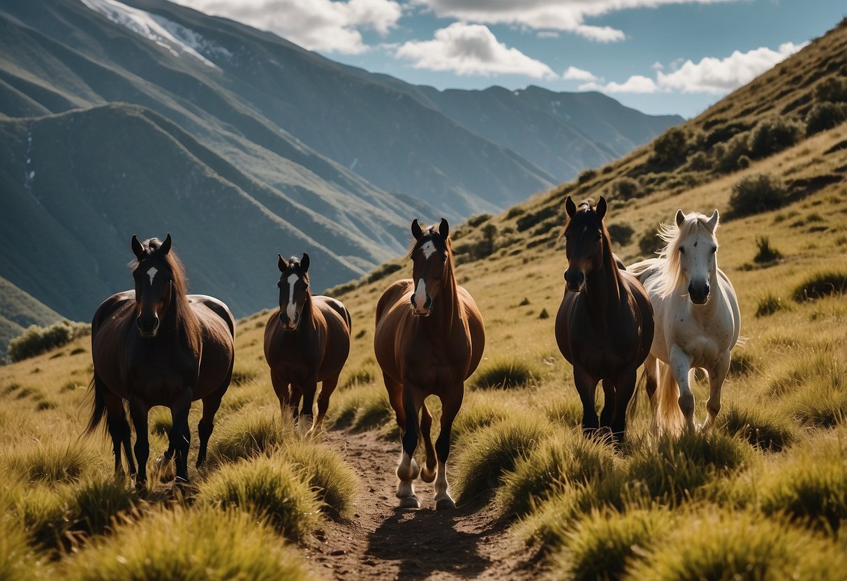 Vast South American landscapes with winding trails, lush forests, and snow-capped mountains. Horses trotting through diverse terrains under the warm sun