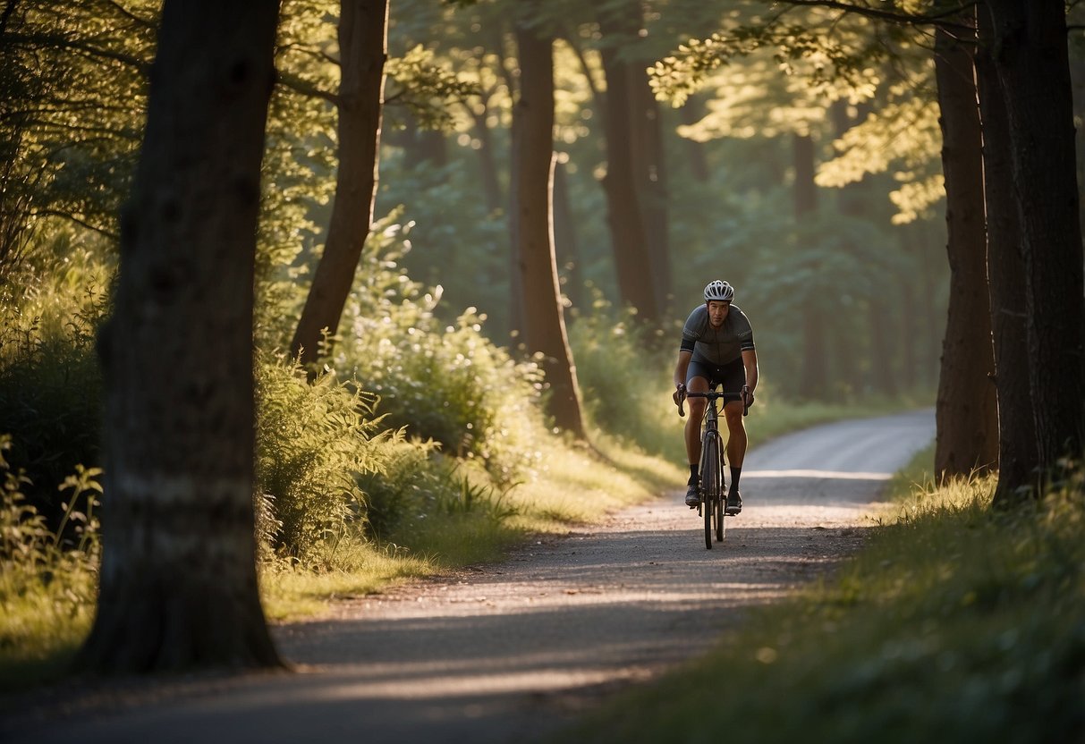 A cyclist encounters a deer crossing the trail, calmly slowing down to give the animal space. The surrounding trees and foliage create a serene natural setting