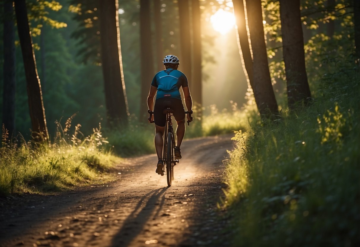 A cyclist rides along a wooded trail, keeping a safe distance from a grazing deer. The sun sets behind them, casting a warm glow on the surrounding trees