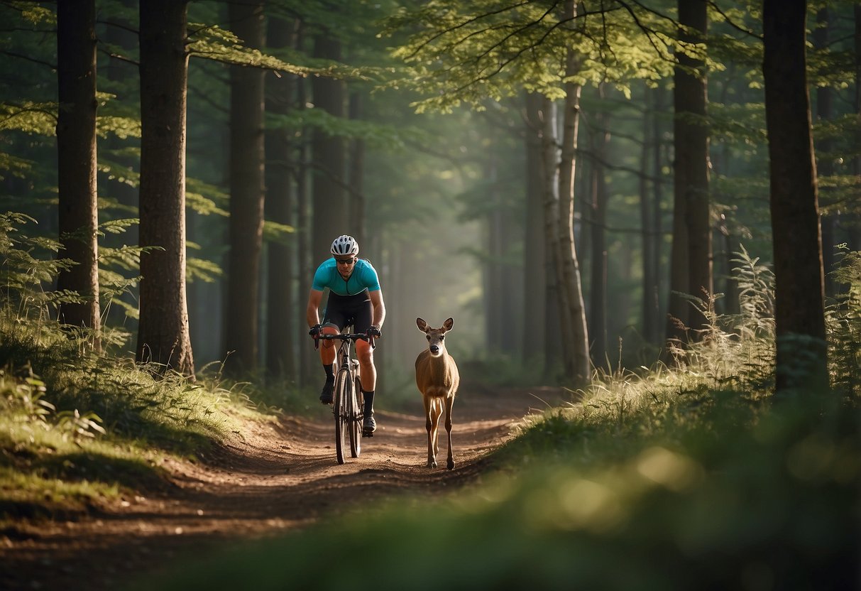 A cyclist cautiously approaches a deer in a serene forest setting, following the 7 tips for dealing with wildlife while riding. The cyclist maintains a calm and steady demeanor, avoiding sudden movements