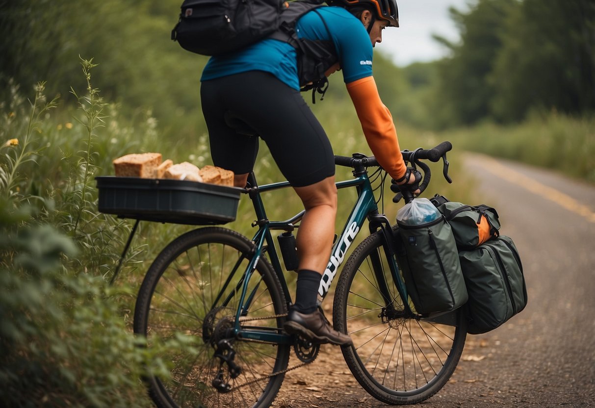 A cyclist secures food and belongings in wildlife areas. Tips for dealing with wildlife while riding are displayed nearby