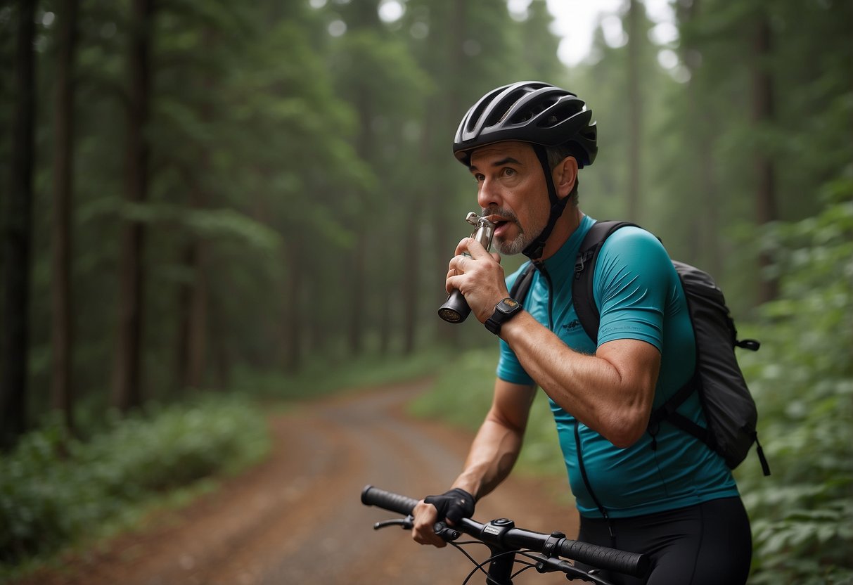 A cyclist blows a whistle to ward off wildlife on a forest trail. They carry a horn and stay alert for potential encounters