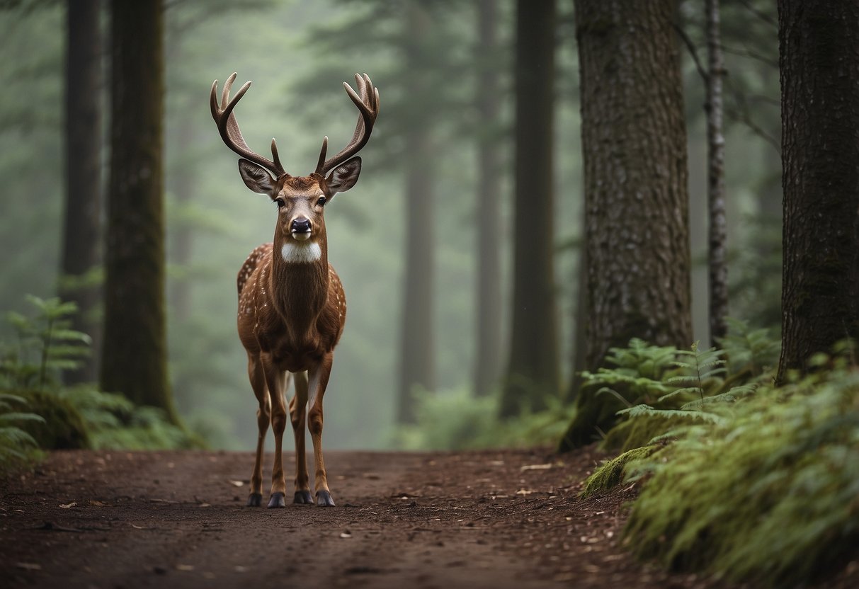 A cyclist encounters a deer on a forest trail. The deer stands alert, ears perked, as the cyclist calmly follows local wildlife guidelines