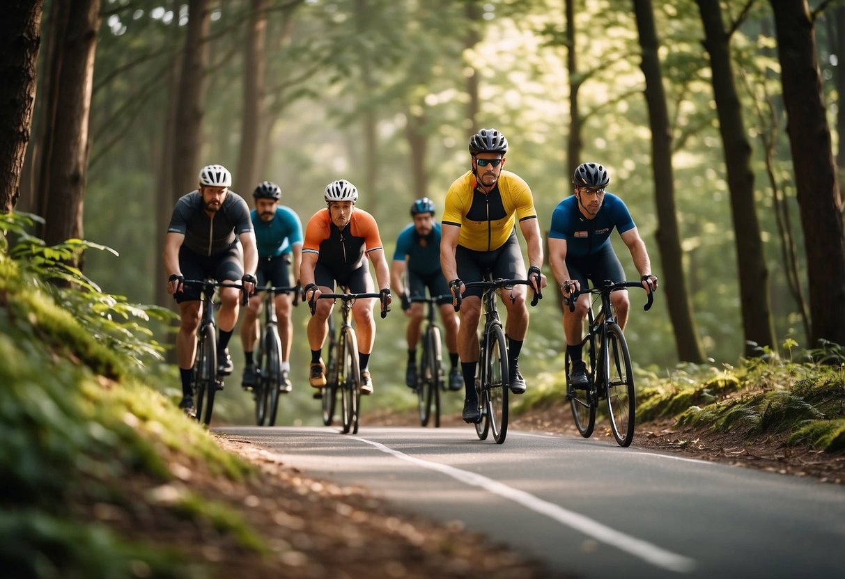 A group of cyclists navigate through a forest, passing by a variety of wildlife such as deer, birds, and squirrels. They ride closely together, following the tips for dealing with wildlife while riding