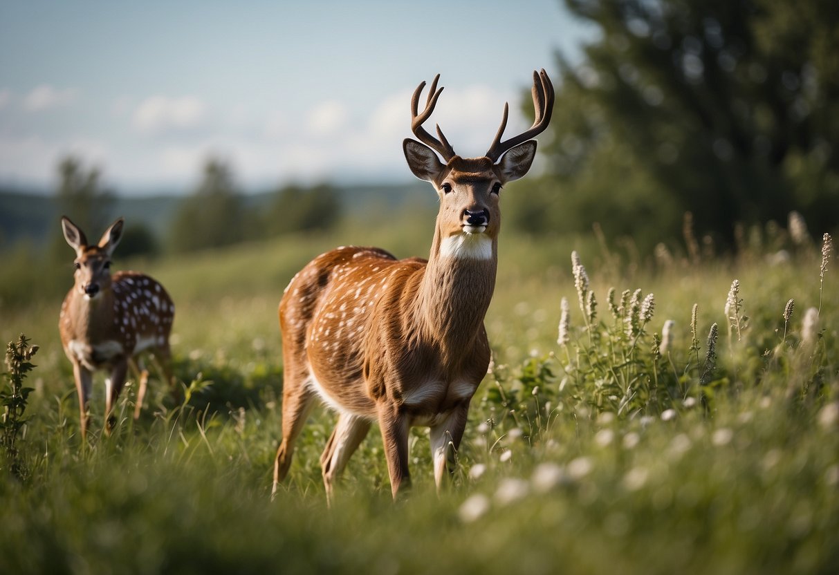 Wildlife in natural habitat, deer grazing, birds flying, and rabbits hopping. Use caution and respect distance while riding