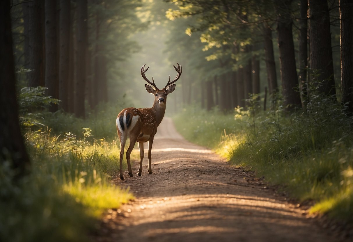 A cyclist encounters a deer on the trail, maintaining a safe distance and avoiding any sudden movements. They follow guidelines for respectful wildlife interaction