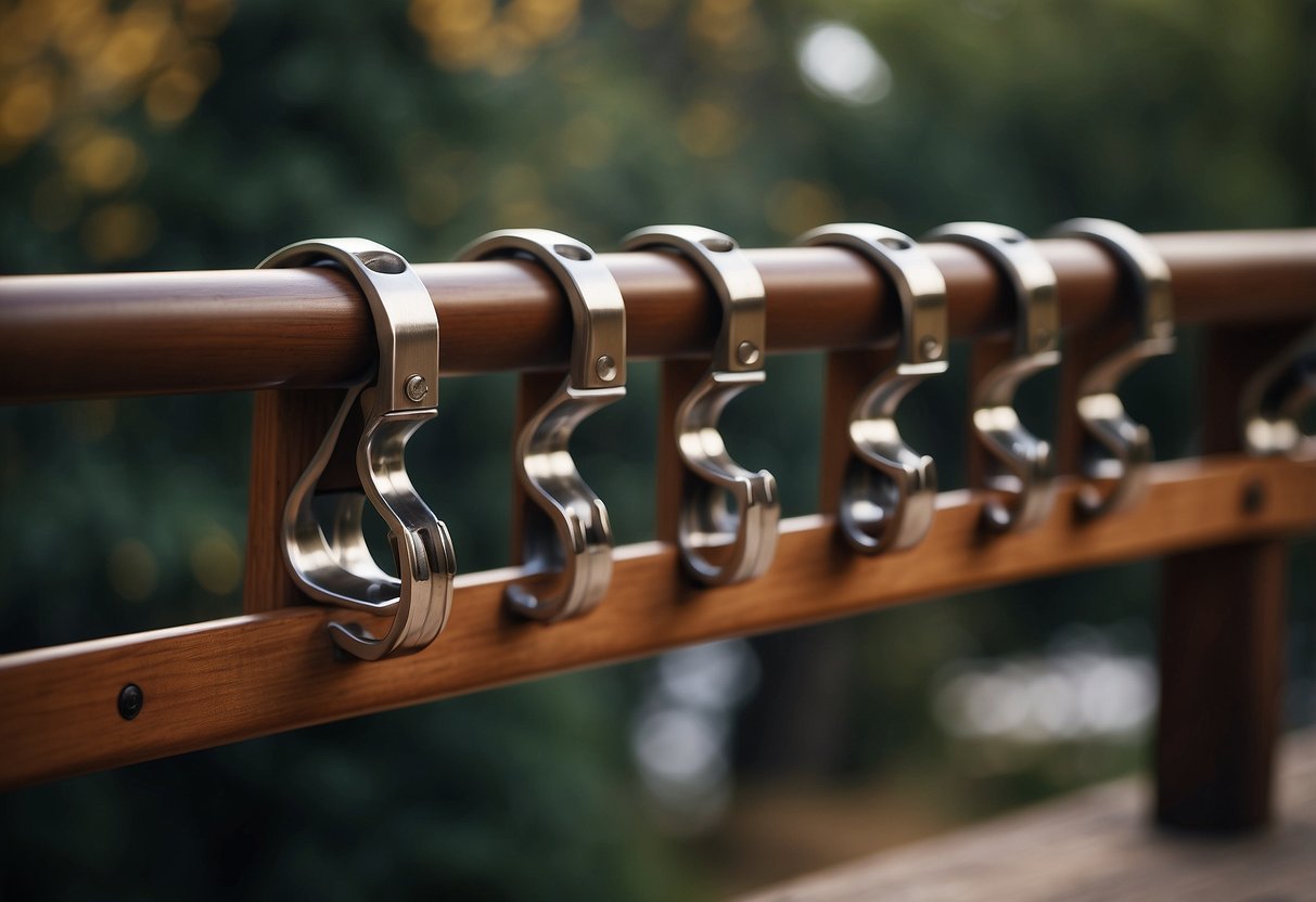 Five sleek, modern stirrups hang from a wooden rail, catching the light and showcasing their lightweight design