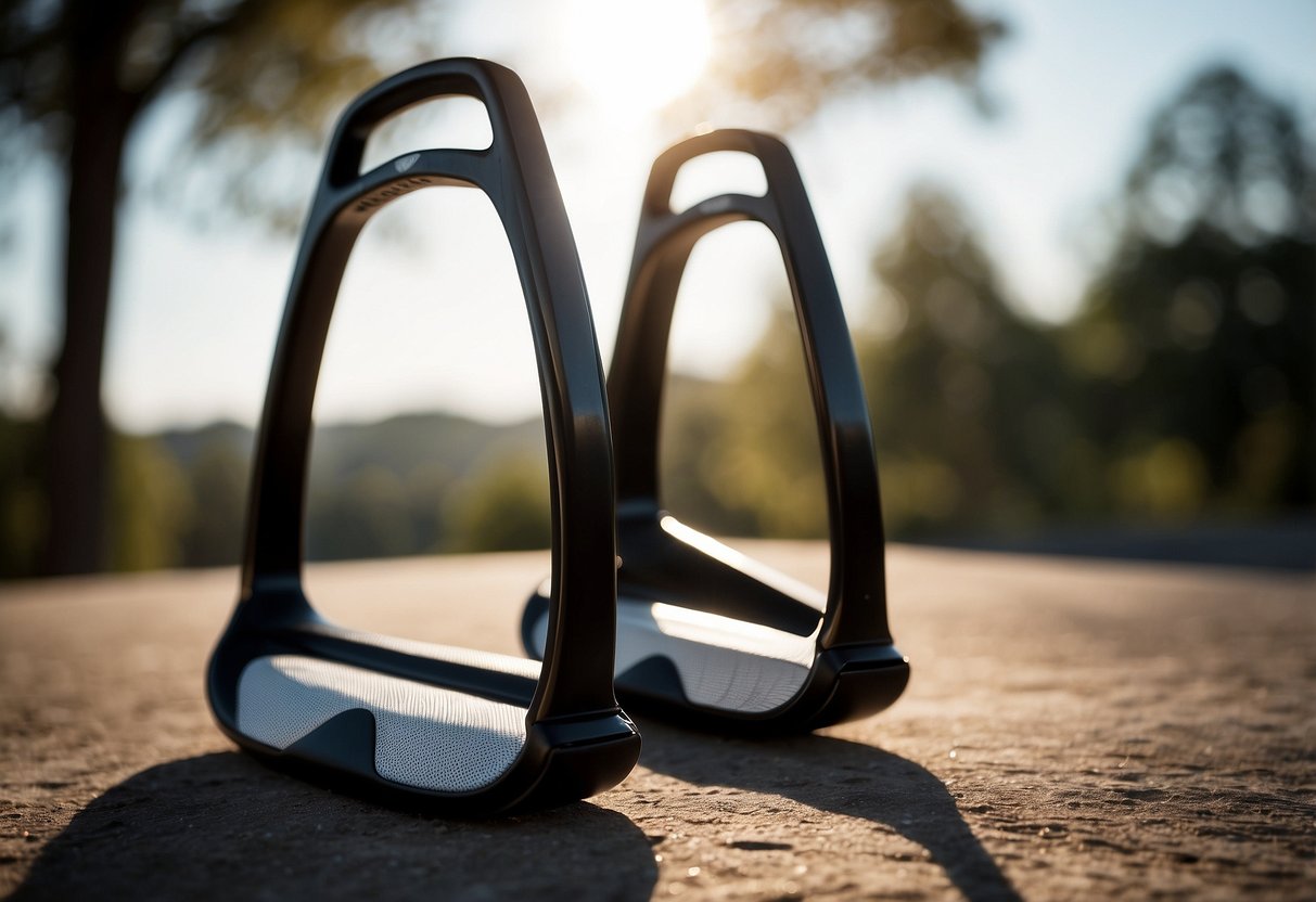 A sleek pair of FreeJump Soft'Up Pro+ 5 lightweight riding stirrups, suspended in mid-air, with the sun casting a soft glow on the metallic surface