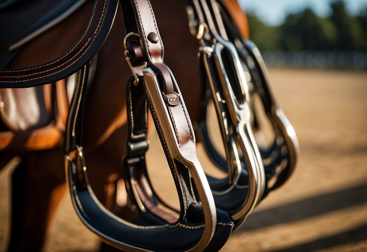 A pair of lightweight riding stirrups hang from a stable saddle, ready for use. The sleek design of the MDC Sport Classic 5 Best stirrups is highlighted by the soft glow of the stable's lighting