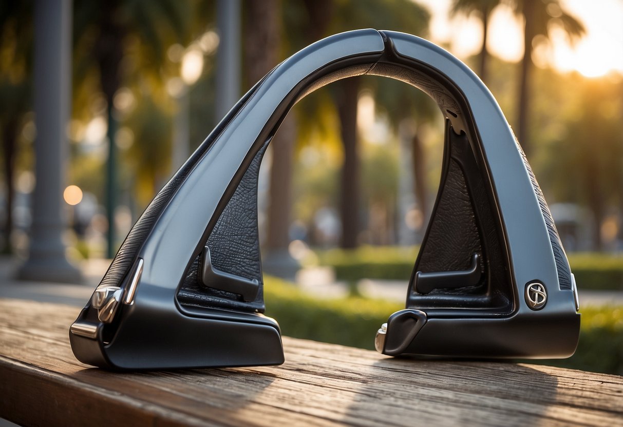 The Tech Stirrups Venice Lite 5 riding stirrups hang from a sleek, lightweight frame, with a modern design and smooth finish