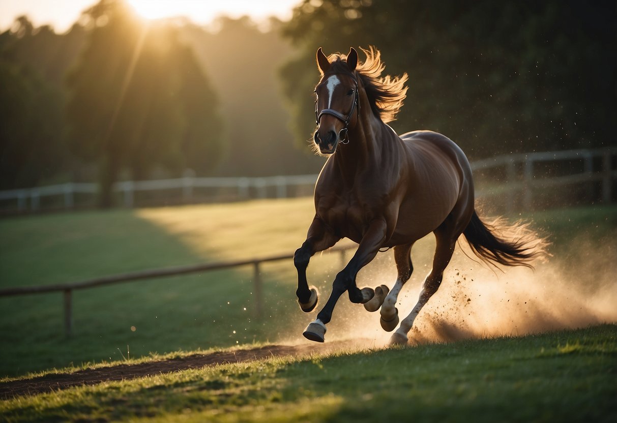 A horse gallops freely, its lightweight riding stirrups glinting in the sunlight, showcasing their importance for comfortable and agile riding